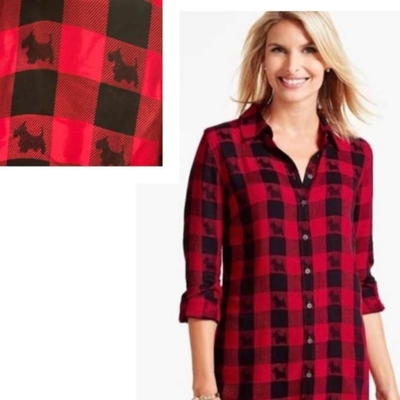 Talbots sz 1X red black plaid scottie dog button down rayon shirt WT15 - Picture 1 of 9